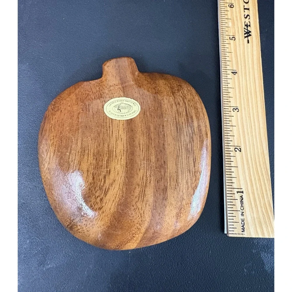 Vintage Bowl Carved Apple Monkey Wood Divided Retro Trinket Kitsch Rustic